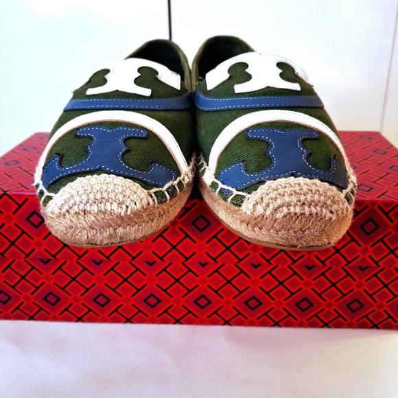Tory Burch Espadrille Double T Green/White,& Blue Women Size 9 - Picture 3 of 9